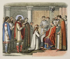 Taufe von König Guthorm, 878 n. Chr., aus „A Chronicle of England BC 55 to AD 1485“, veröffentlicht in London