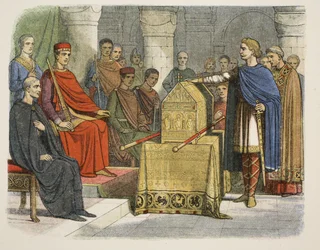 Harold II. schwört Herzog Wilhelm von der Normandie Treue