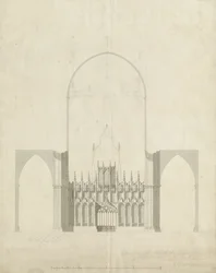 Innenraum der Kathedrale von Lichfield - Eingang vom Chor zum Kirchenschiff: Zeichnung und Waschung