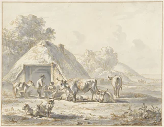 Vieh und Figuren vor einer Scheune