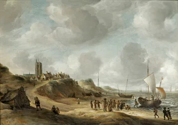 Ansicht von Egmond aan Zee mit Fischern am Strand und Schiffen vor der Küste