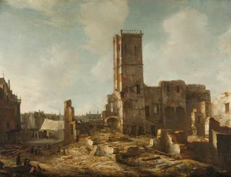 Die Ruinen des alten Rathauses von Amsterdam nach dem Brand vom 7. Juli 1652