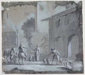 Stadtszene mit einem offenen Tor, Figuren und Tieren
