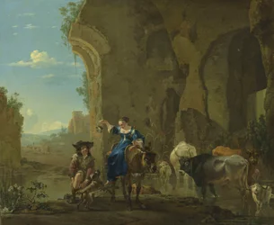 Italienische Landschaft mit Reisenden an einem Bach mit Vieh