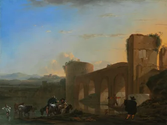 Der Tiber mit der Ponte Molle bei Sonnenuntergang
