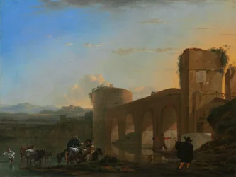 Der Tiber mit der Ponte Molle bei Sonnenuntergang, c.1650
