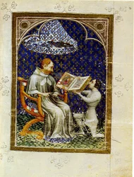 Jean de Vaudetar überreicht sein Geschenk eines Buches an Karl V. von Frankreich. Aus der Bible historiale von Jean de Vaudetar, 1372