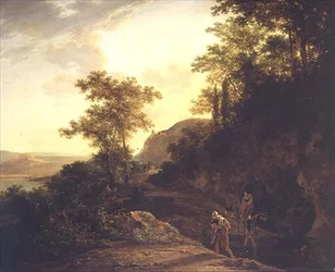 Eine italienische bewaldete Landschaft mit Reisenden, die einen Bach an einem Gebirgspass durchqueren