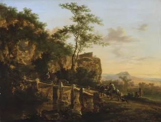 Südliche Landschaft mit Reisenden bei einer Brücke (die Ponte Acquoria bei Tivoli?)