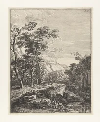 Landschaft mit einer auf einem Maultier reitenden Frau am Aqua Negro zwischen Bologna und Florenz - Italienische Landschaften (Serientitel)