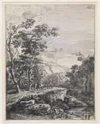 Landschaft mit einer Frau, die auf einem Maultier entlang der Aqua Negro zwischen Bologna und Florenz reitet