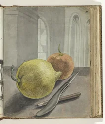Stillleben mit Früchten, Messer und Bleistift