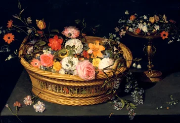 Blumenkorb und Kelch in vergoldetem Silber, Stillleben, 17. Jahrhundert
