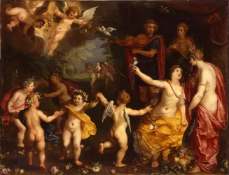 Allegorie der Liebe: Venus hält ein Paar angebundene Tauben, mit Ceres, Apollo und Diana, umgeben von tanzenden Putti, in einer Landschaft