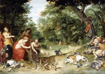 Eine Allegorie der Elemente, Erde, Luft und Wasser: Nymphen baden in einer bewaldeten Lichtung mit Jagdtrophäen in der Nähe, um 1621