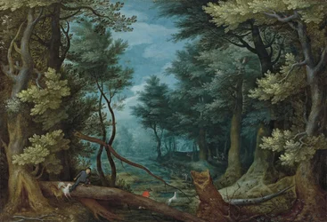 Waldlandschaft mit Jägern, die einen Hirsch verfolgen