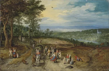 Weitläufige bewaldete Landschaft mit Reisenden auf einem Weg und tanzenden Bauern im Vordergrund
