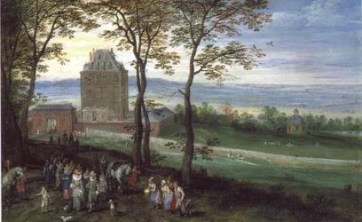 Erzherzog Albrecht und Isabella vor Schloss Mariemont