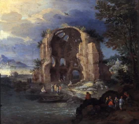 Küstenlandschaft mit Fischern und Ruinen des Tempels der Minerva Medica