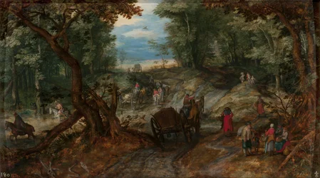 Wald mit Wagen, die einen Bach überqueren, und Reitern