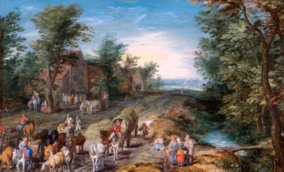 Straßenszene mit Reisenden und Vieh, frühes 17. Jahrhundert