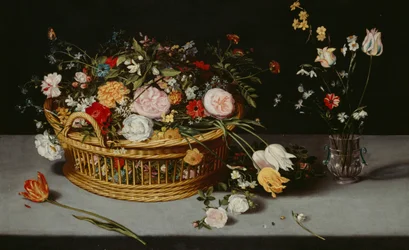 Stillleben mit Korb und Blumenvase, ca. 1620