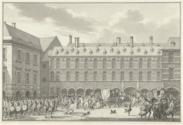 Unruhen, als die Abgeordneten von Dordrecht durch das Stadhouderspoort am Binnenhof fahren, 1786
