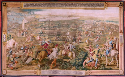 Flämischer Wandteppich. Serie „Die Eroberung von Tunis“. Der Angriff auf La Goleta (Angriff auf La Goleta). Vierter Wandteppich der Serie. Vorlagen von Jan Vermeyen und Pieter Coecke van Aelst. 1543-1548. Hergestellt von der Real Fábrica de Tapices de
