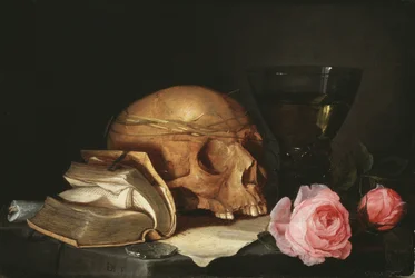 Vanitas, Stillleben mit einem Schädel, einem Buch und Rosen