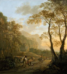 Landschaft mit ruhenden Reisenden und Ochsenkarren, ca. 1645