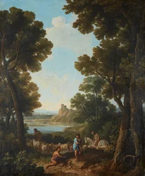 Eine klassische Landschaft mit Hirten und Reiter
