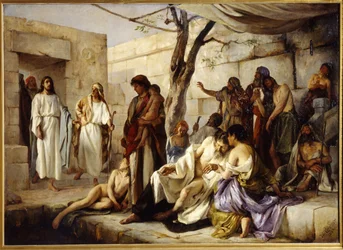 Das Wunder am Teich Bethesda. Auf dem Weg von Beth Zeta (Israel) nach Jerusalem nähert sich Jesus Christus dem Teich, wo sich die Gelähmten versammeln, und heilt auf wundersame Weise einen Kranken. Gemälde von Jan