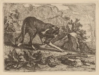 Landschaft mit Windhund und Gewehr