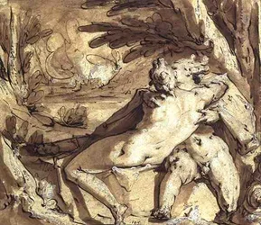 Nacktes Paar sitzt, sich umarmend, bei einem Baum