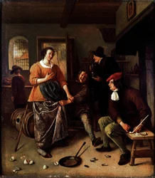Die zerbrochenen Eier (in einer Schenke). Gruppe fröhlicher Charaktere in einer niederländischen Küche. Der Mann, der den Rock der Frau hebt, ist ein Selbstporträt des Malers