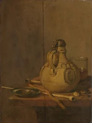 Stillleben mit Steingutkrug und Pfeifen