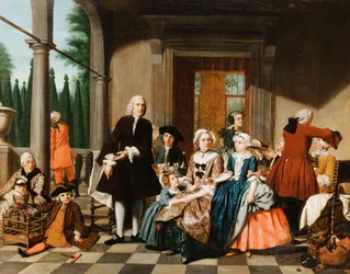Porträt einer Familie beim Essen auf einer Veranda, ein formaler Garten dahinter, 1747