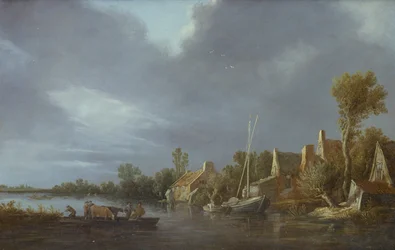 Ein Dorf an einem Fluss mit Bauern und Vieh auf einer Fähre