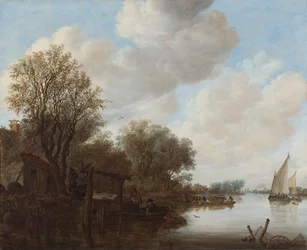 Flusslandschaft mit Figuren neben einem Schleusentor, einer Fähre und einer Kirchturmspitze in der Ferne