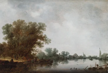 Flusslandschaft mit einer Fähre am linken Ufer