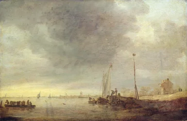 Landschaft mit Fluss und Fähre