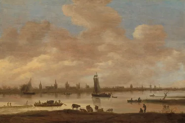 Ansicht einer imaginären Stadt über einen Fluss