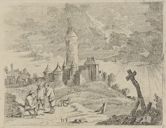 Landschaft mit Schloss und drei Männern
