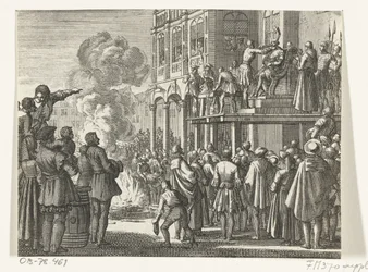 Jacob van Campen mit einer Mitra auf dem Kopf auf dem Schafott in Amsterdam, 1535