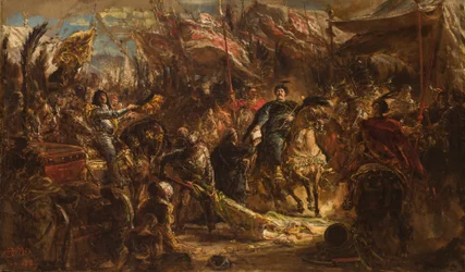 Jan III. Sobieski überreicht dem Kanoniker Denhoff einen Brief an den Papst mit der Nachricht vom Sieg über die Türken bei Wien im Jahre 1683