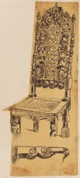Schatzkästlein. Stuhl mit hoher Rückenlehne und reich verziertem Ornament.