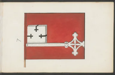 Jan Matejkos Skizzenbuch mit 9 Bannern aus „Banderia Prutenorum“. Banner des Schatzmeisters des Deutschen Ordens. [Kreuzritterbanner, das Thomas Moerheym, Schatzmeister des Ordens 7].