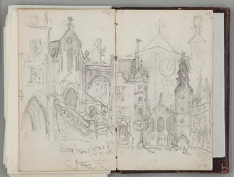 Münchner Skizzenbuch. Einseitige Zeichnung. Vorderseite: Studie des alten Marienplatzes in München und Studie von Türmen.