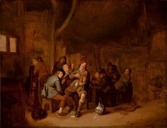 Figuren rauchen und musizieren in einem Gasthaus