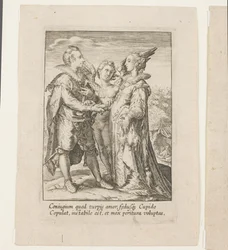 Eine Ehe, die allein auf Vergnügen gegründet ist, geleitet von Eros (Gravur)